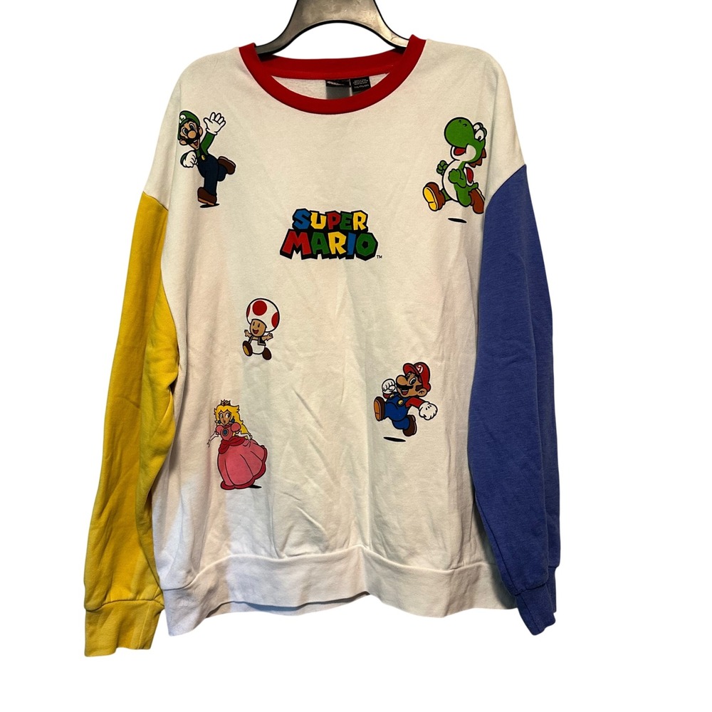 Super Mario Bros Colorblock Sweatshirt Mens XXL Yellow Blue Nintendo Pullover